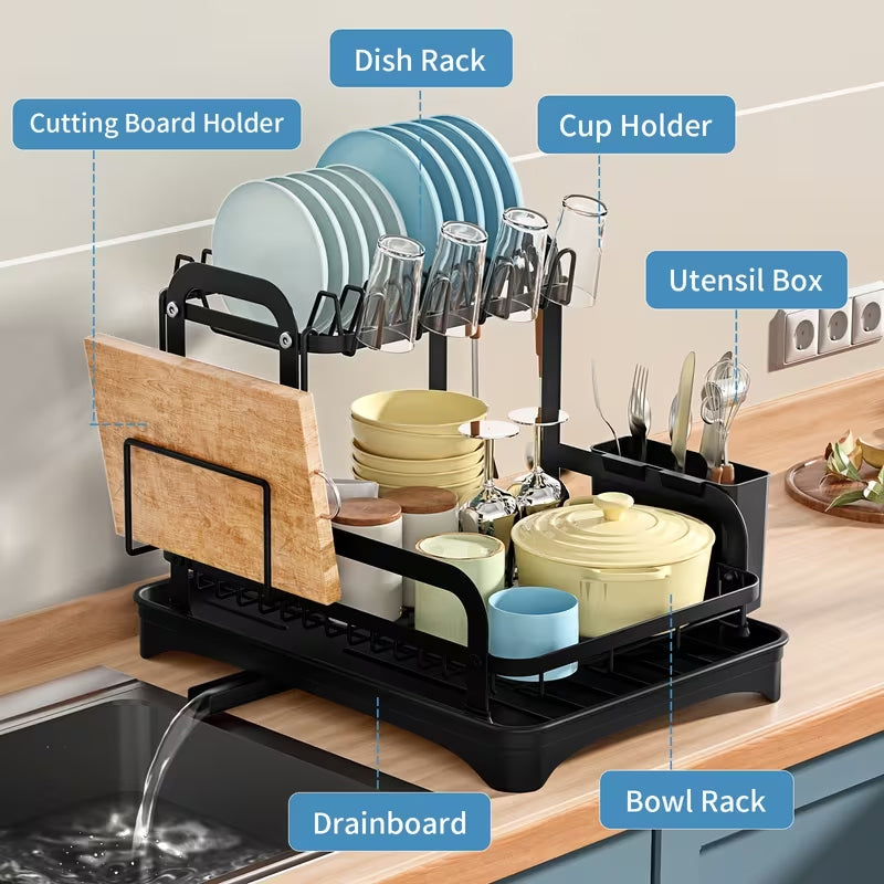 2-Tier Dish Drying Rack – Space-Saving Countertop Plate Organizer with Drain Tray, Kitchen Storage & Drainer