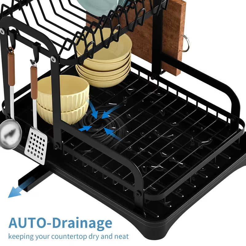 2-Tier Dish Drying Rack – Space-Saving Countertop Plate Organizer with Drain Tray, Kitchen Storage & Drainer